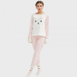 Kvinnor Flannel Fleece Animal Broderi Katt Pyjamas Set
