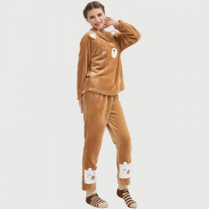 Women Flannel Fleece Animal Broderi Bear Pyjamas Set