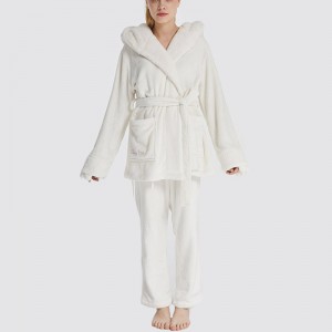 Women Flannel Fleece Animal Broderi Hooded Bear Pyjamas Set