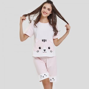 Kvinnor Modal Jersey Fabric Cat Broderier Pyjamas Set